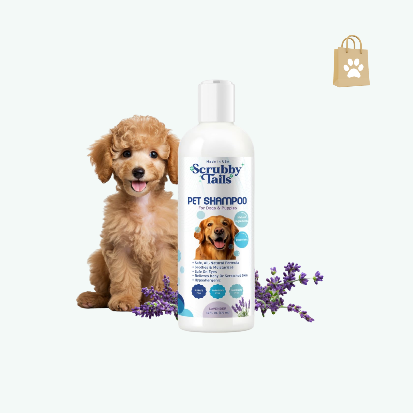 Scrubby Tails Organic Dog Shampoo - Oatmeal Dog Shampoo for Itchy Skin - Hypoallergenic for Sensitive Skin & Puppies Deodorizes Smelly Dogs Tearless Made in USA 16oz (Lavender)